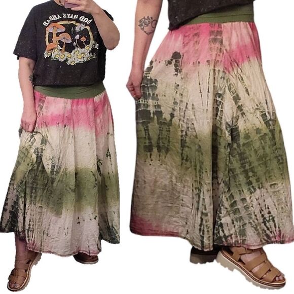 Vintage Dresses & Skirts - VTG Y2K Green Pink Tie Dye Fold Over Fairycore Gypsy Midi Skirt *Fits Like Large